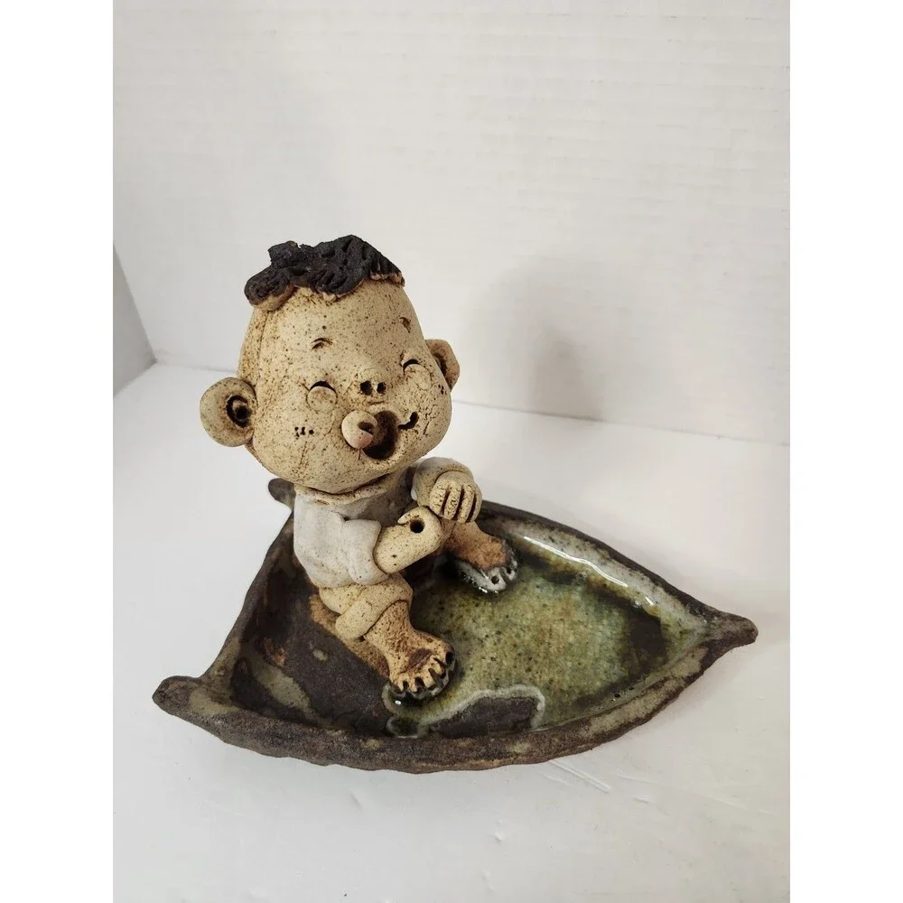Vintage Korean Clay Pottery Figurine Boy Fishing